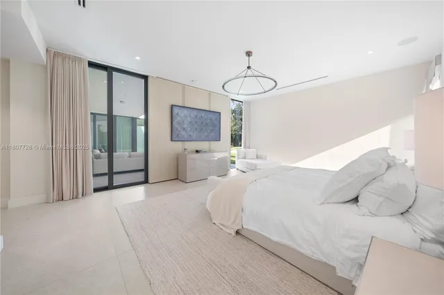 a spacious bedroom with a bed and a flat screen tv