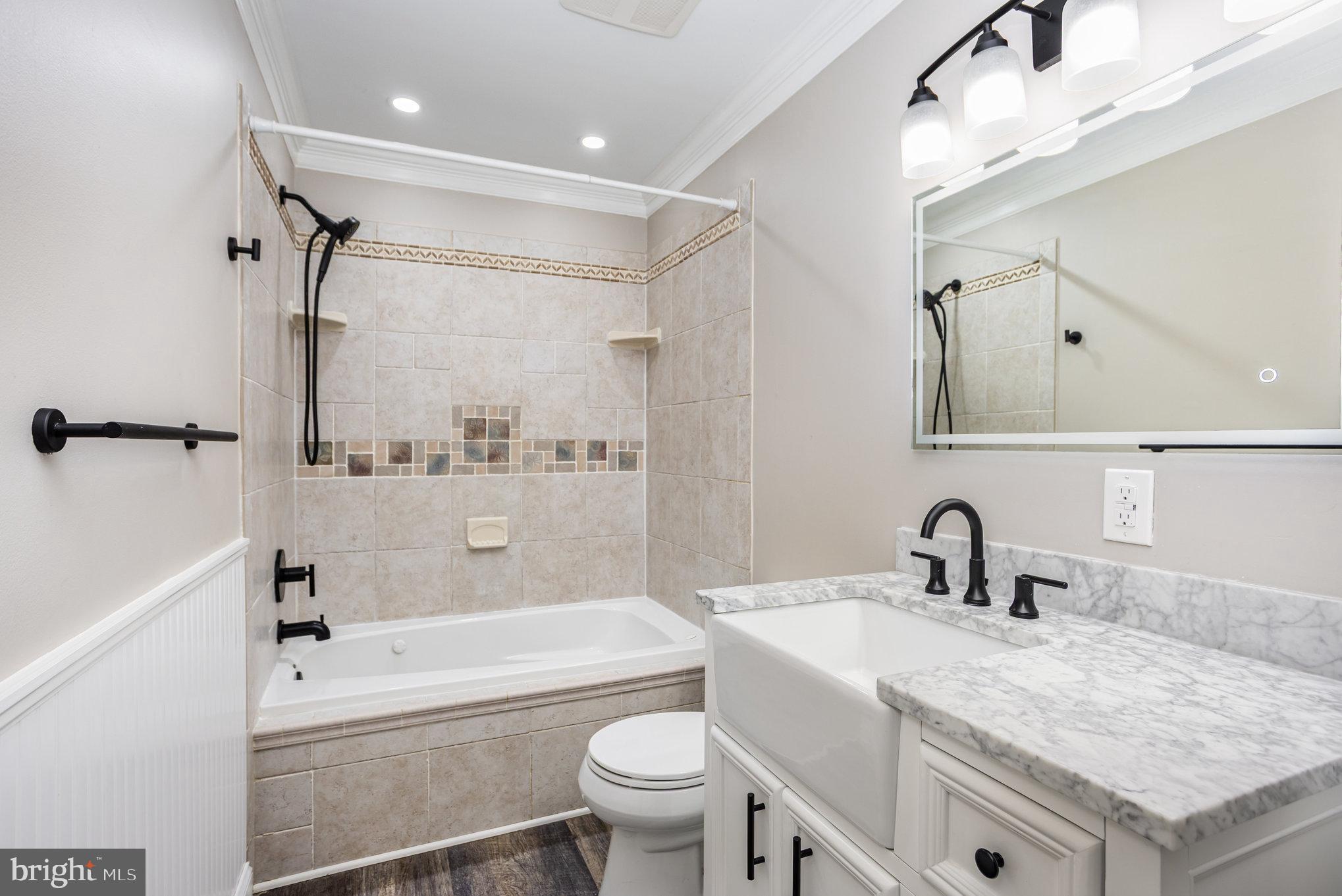5 Kings Court Elkton, MD 21921 - Photo 14 of 34 a bathroom with a granite countertop sink a toilet and a bathtub
