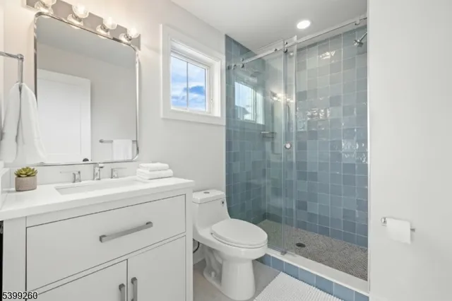 a bathroom with a shower sink vanity mirror and toilet