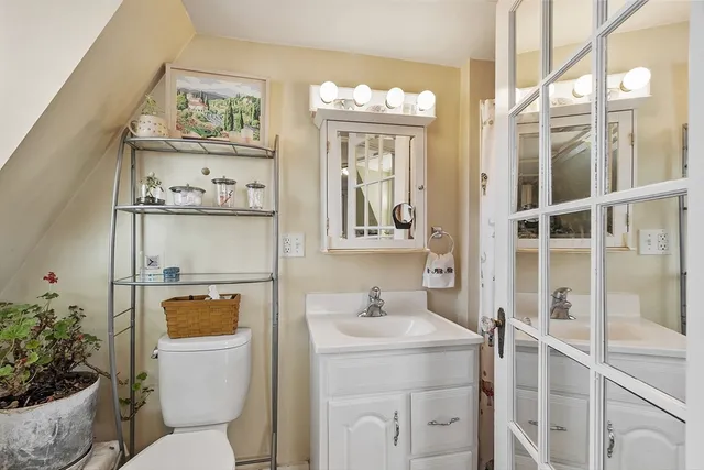 a bathroom with a toilet a sink and a large mirror