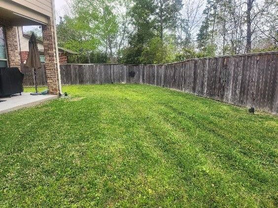 114 Silver Sky Street Conroe, TX 77304 - Photo 34 of 36 a view of a backyard with large trees and wooden fence