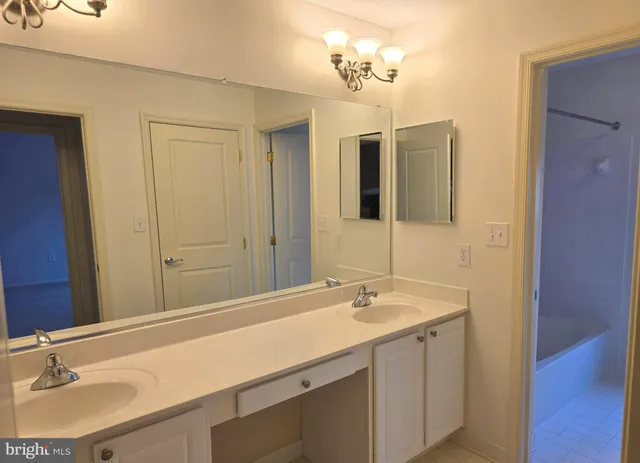 a bathroom with a sink double vanity and a mirror