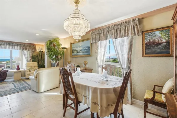 a view of a dining room with furniture window and outside view