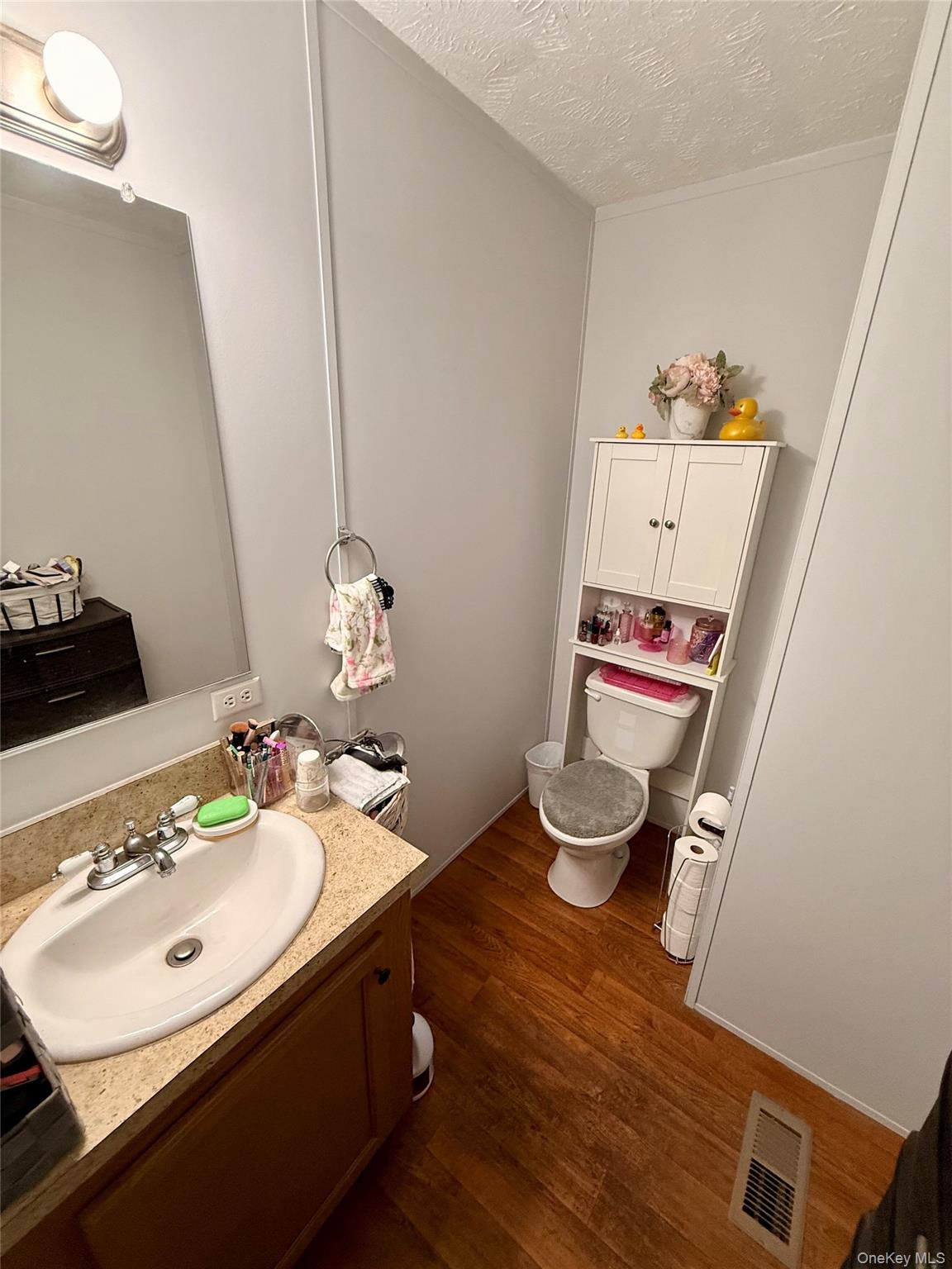 37 Hubbard Avenue, Unit 95 Riverhead, NY 11901 - Photo 13 of 14 Half bathroom with a textured ceiling, vanity, and dark wood-style floors