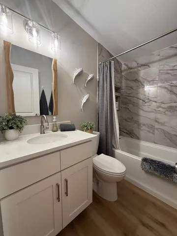 a bathroom with a sink toilet and shower