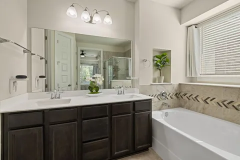 a bathroom with a tub a sink double vanity and a mirror