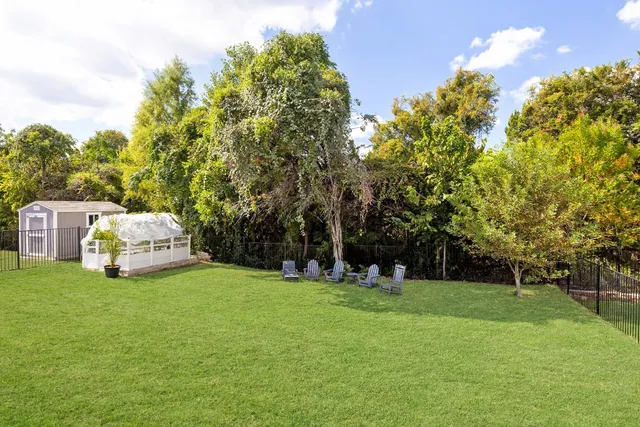 a view of a park with large trees
