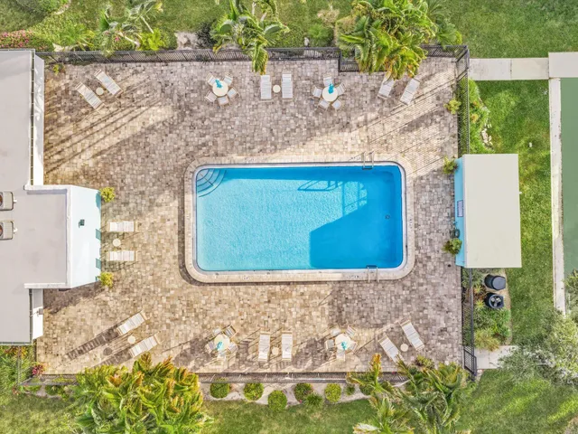 a view of a swimming pool with a yard and palm trees