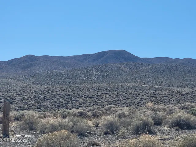 a view of a dry yard with mountains in the background