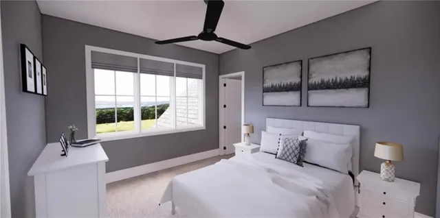 a bedroom with a large bed and a window