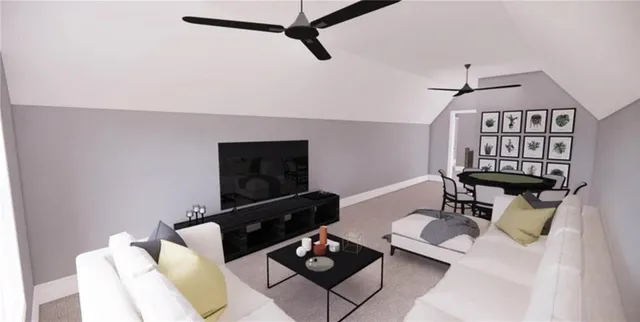 a living room with furniture a flat screen tv and gym equipment