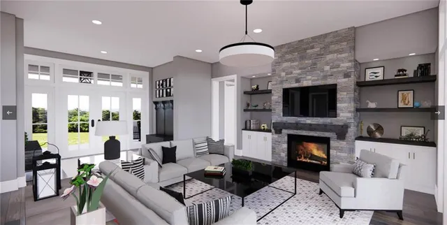 a living room with furniture a fireplace and a flat screen tv
