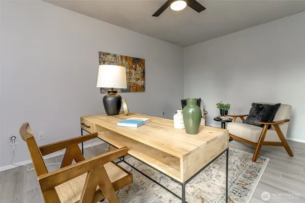 a view of a dining room with furniture