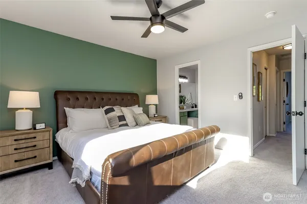 a bedroom with a bed and closet