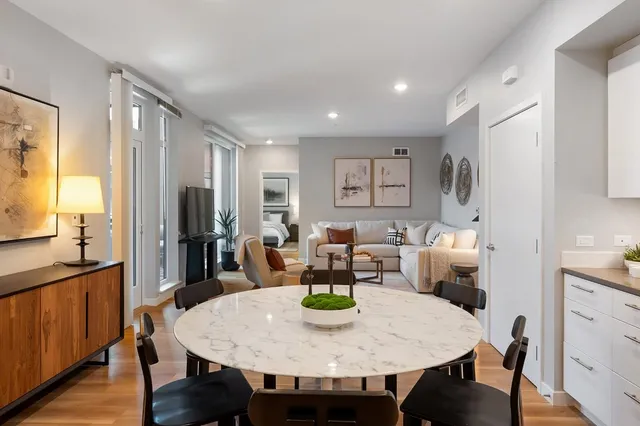 a view of a dining room with furniture