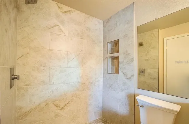 a bathroom with a shower and a toilet