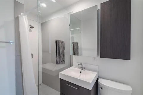 a bathroom with a sink toilet and mirror