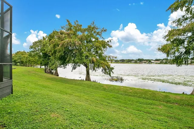 a view of yard with swimming pool and green space