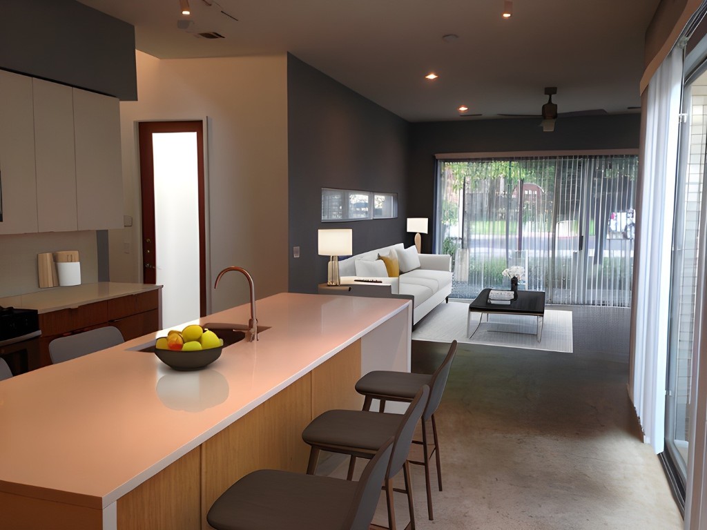 a dining room with furniture and wooden floor