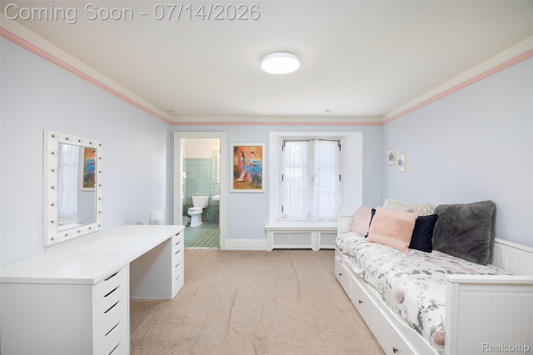 189 Cloverly Road Grosse Pointe, MI 48236 - Photo 52 of 96 Carpeted room featuring a window with white sheer curtains, a built-in window seat, and a flush-mount ceiling light fixture