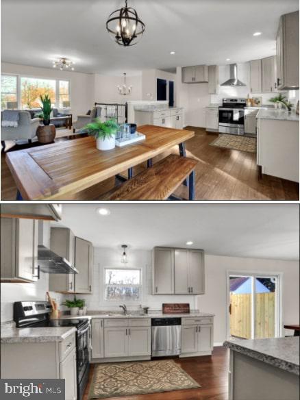 a view of kitchen with kitchen island and stainless steel appliances