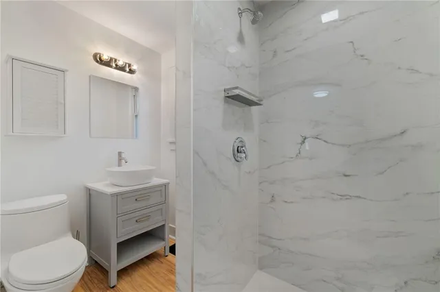 a bathroom with a toilet a sink a mirror and vanity