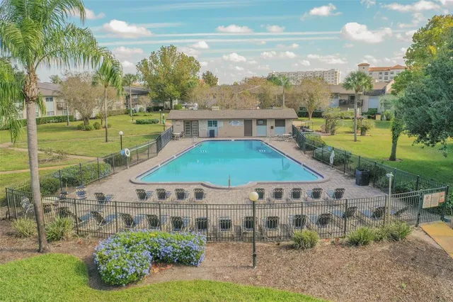 an aerial view of a pool