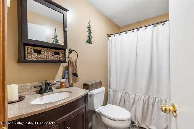 a bathroom with a sink vanity mirror and toilet