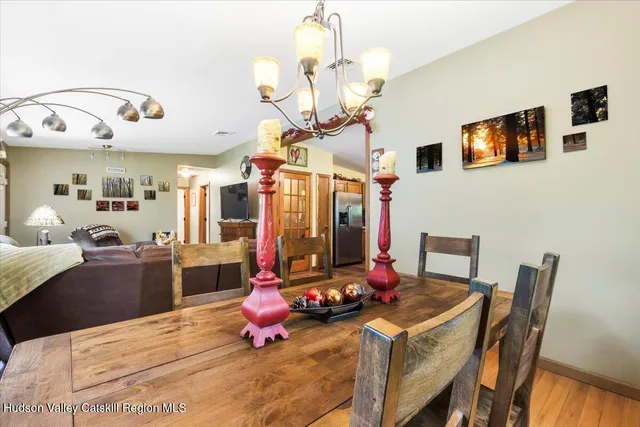 a view of a dining room with furniture