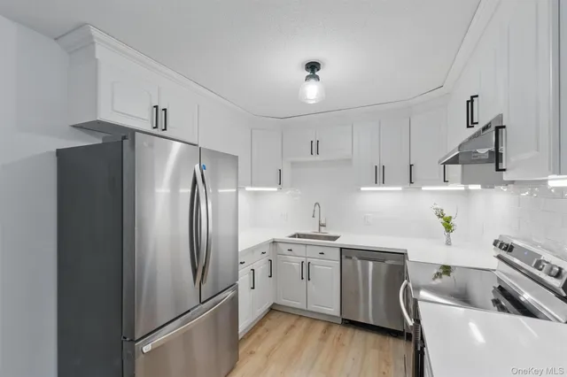 a kitchen with stainless steel appliances a refrigerator sink and white cabinets