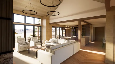 a living room with furniture and floor to ceiling windows