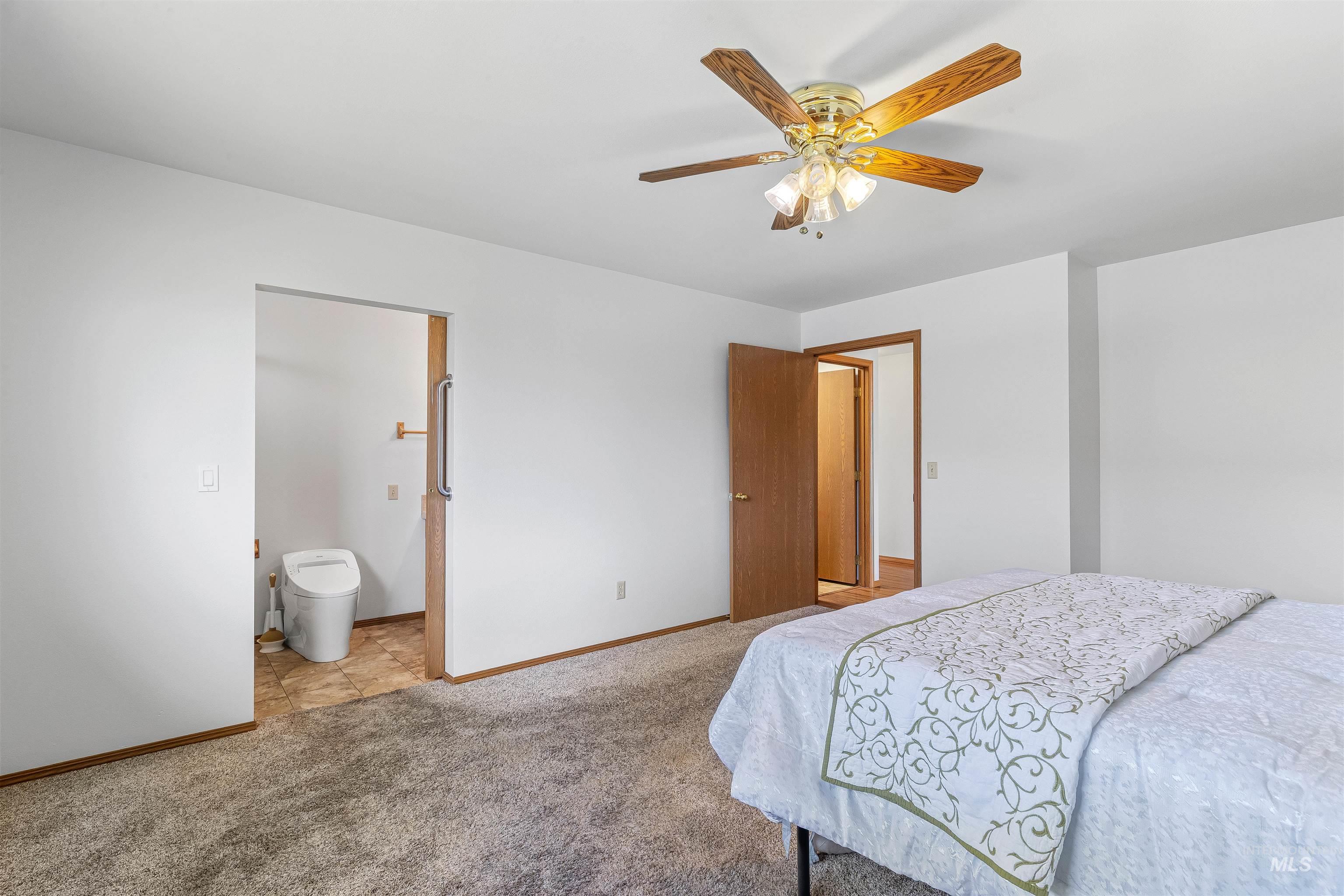 1409 29th Street Lewiston, ID 83501 - Photo 16 of 30 Bedroom with ensuite bathroom, light carpet, and a ceiling fan