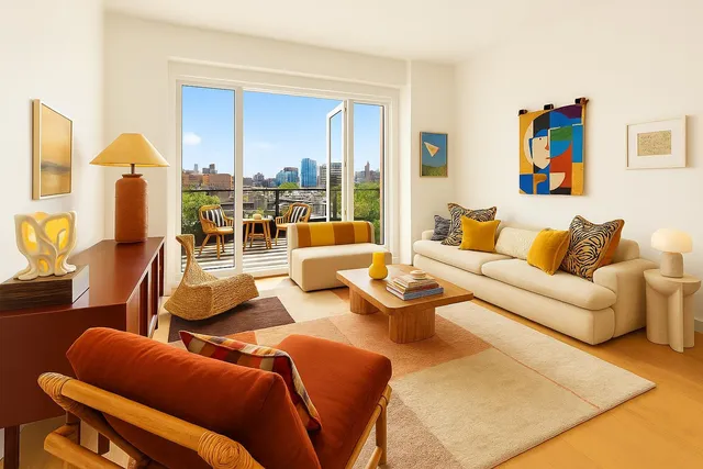 a living room with furniture kitchen view and a large window