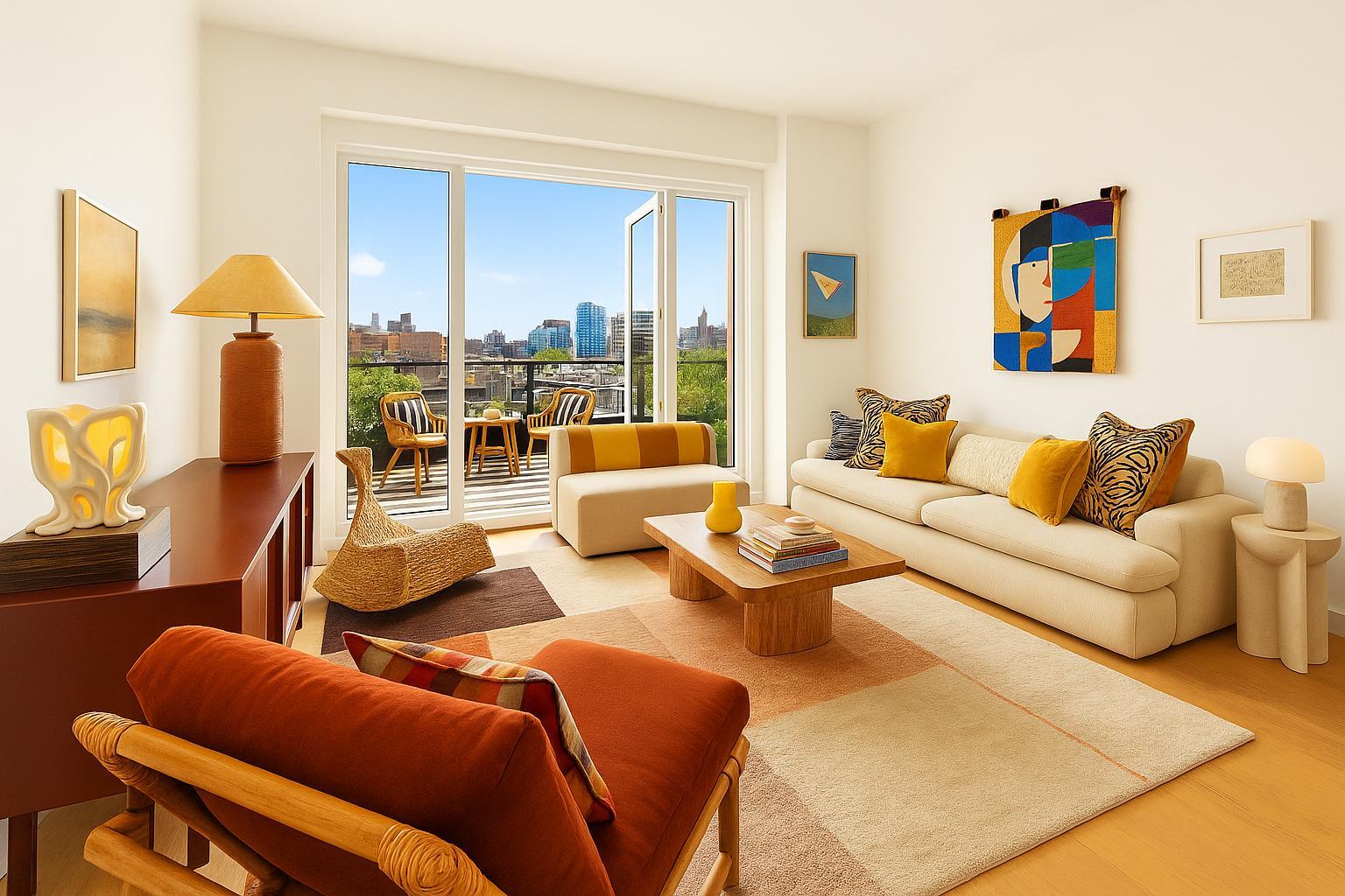 a living room with furniture kitchen view and a large window