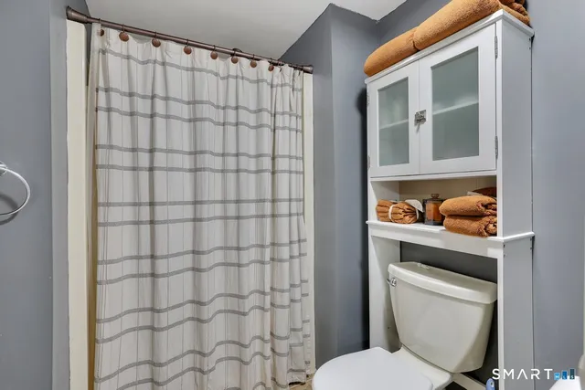 a bathroom with a toilet and a shower curtain