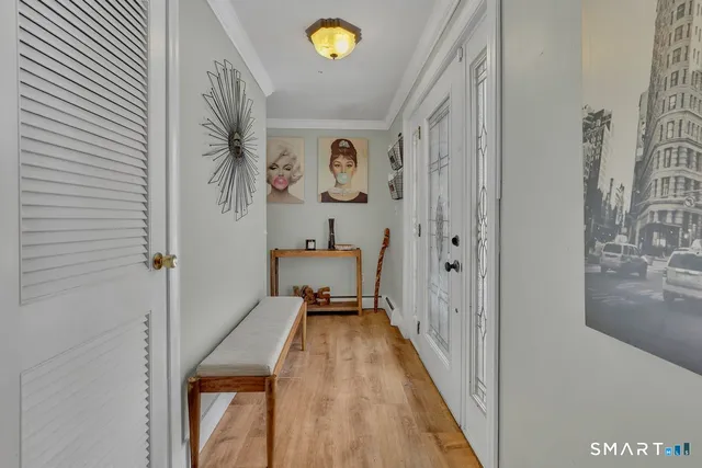 a view of a hallway with workspace