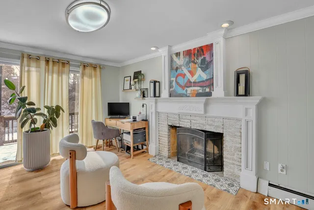 a living room with furniture and a fireplace