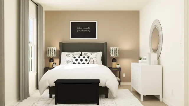 a bedroom with a bed and a potted plant