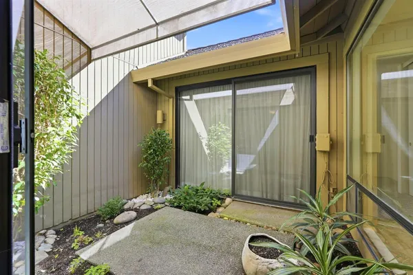 a garden view with a outdoor space