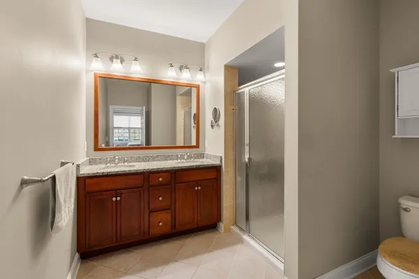 a bathroom with a toilet sink vanity and mirror