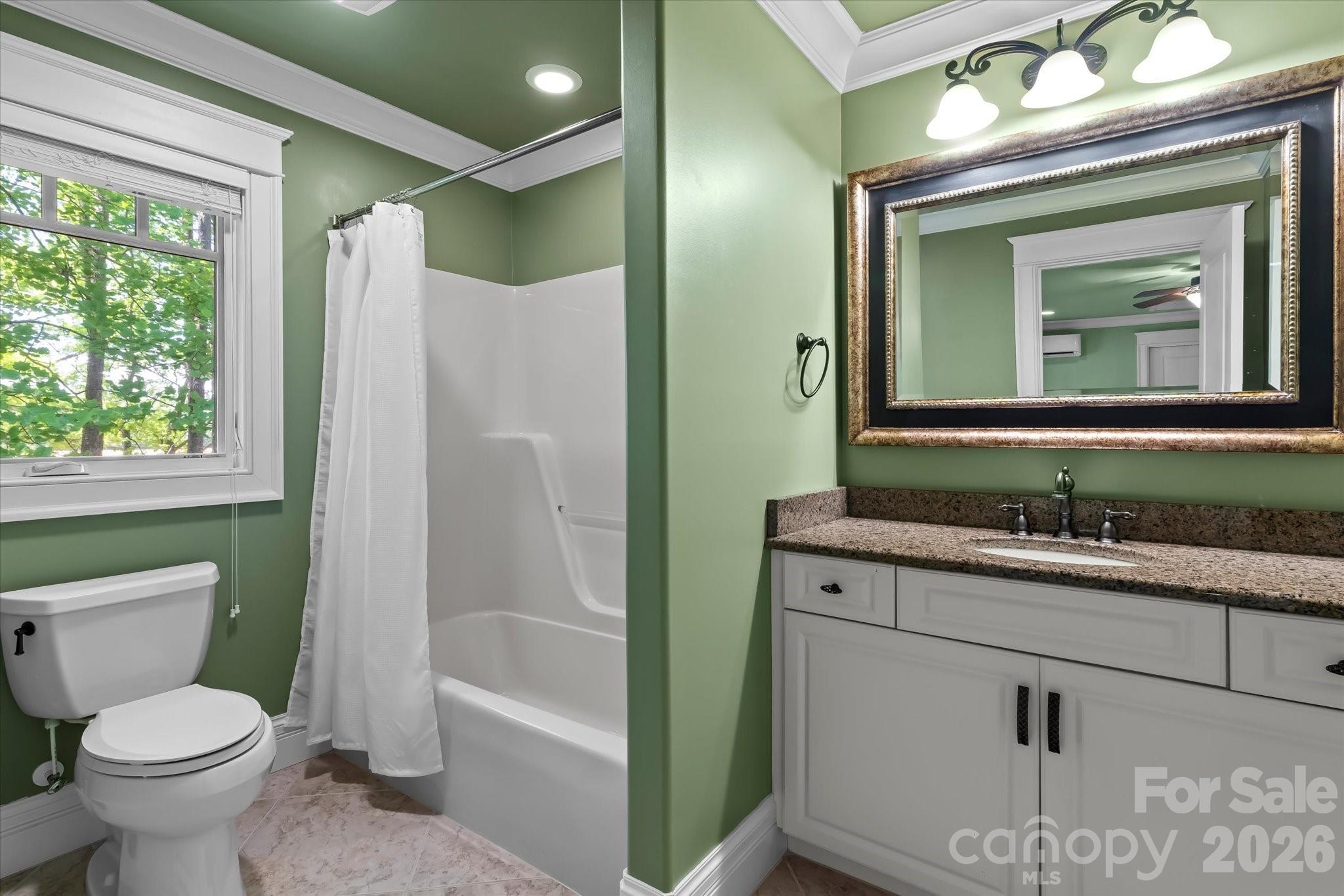 17821 Carlow Road Cornelius, NC 28031 - Photo 29 of 45 a bathroom with a granite countertop toilet a sink and a mirror
