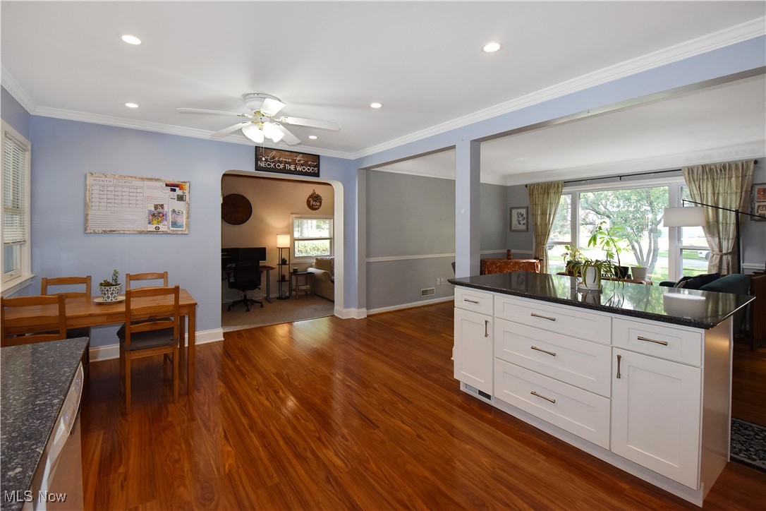 1388 Ford Road Lyndhurst, OH 44124 - Photo 11 of 39 Kitchen featuring white cabinetry, ceiling fan, plenty of natural light, dark stone countertops, and dark wood-type flooring