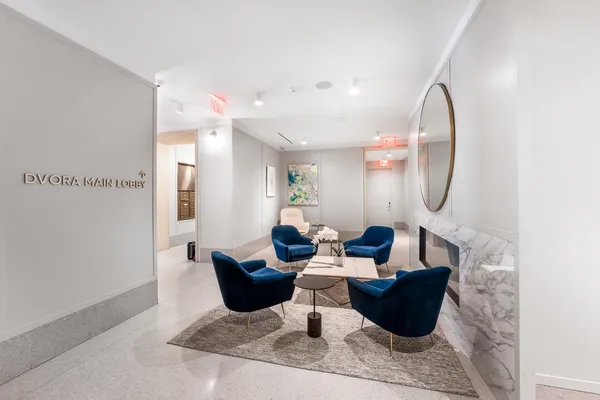 a living room with couches potted plant and a fireplace