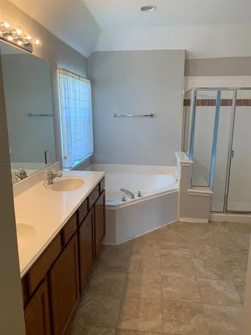 a bathroom with a tub sink and mirror