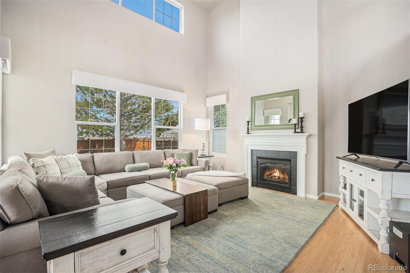 2470 Robindale Way Castle Rock, CO 80109 - Photo 12 of 42 a living room with furniture a flat screen tv and a fireplace