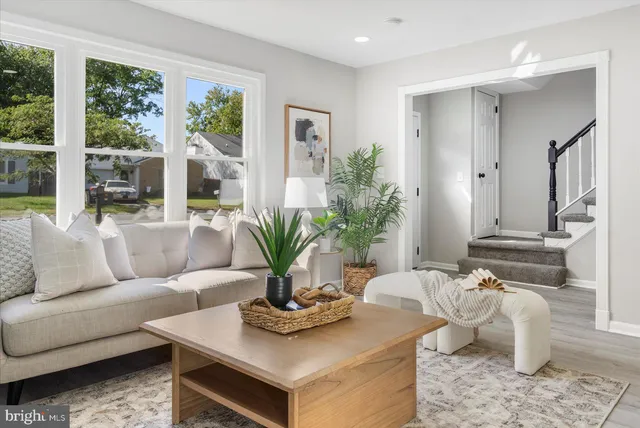 a living room with furniture potted plant and a large window