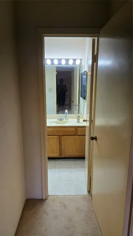 a bathroom with a sink a mirror and a shower