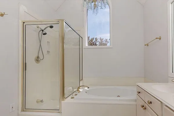 a bathroom with a bathtub and shower
