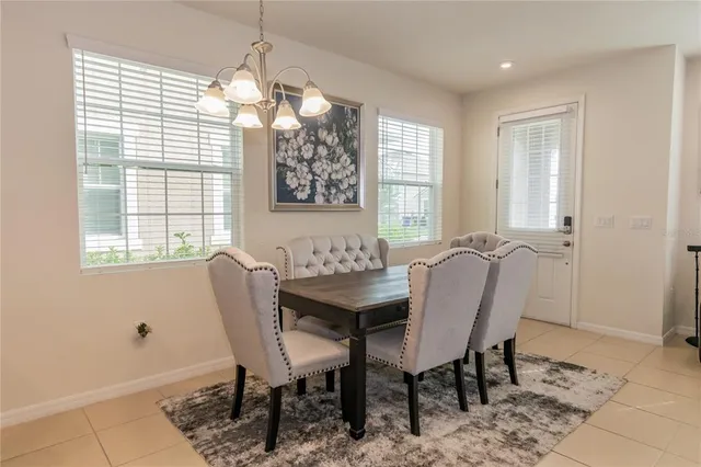 a view of a dining room with furniture and window