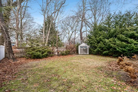 a backyard of a house with plants and trees
